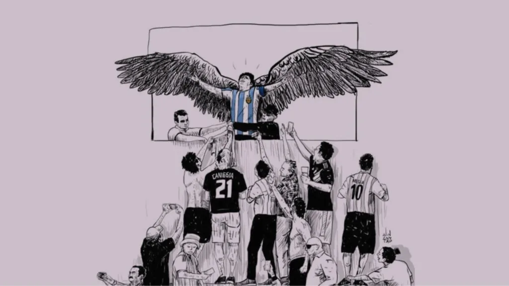 Ilustración de Diego Maradona transformado en ángel. El autor es Lautaro Alincastro