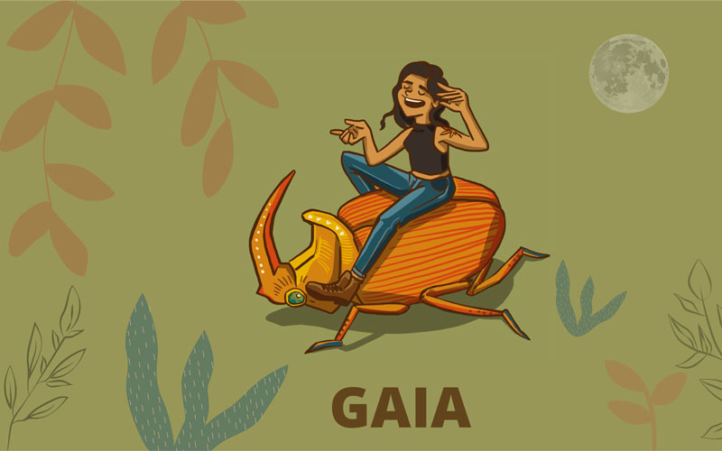 Dibujo de Gaia Delfini cabalgando un escarabajo en La alquimia de las flores