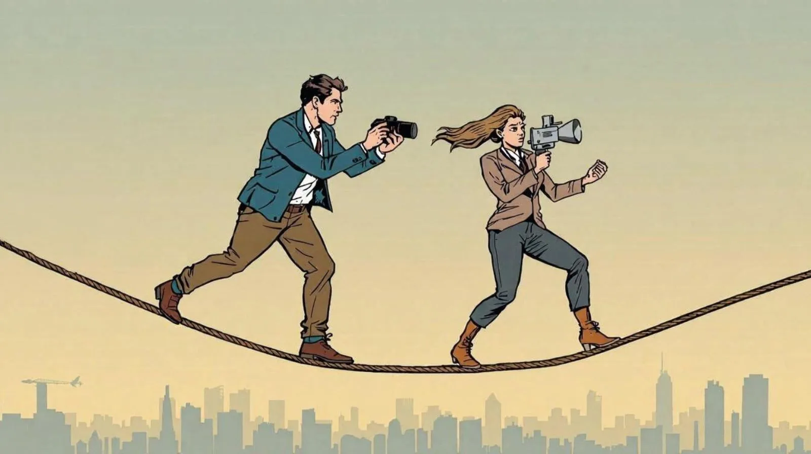 Dos periodistas, una mujer y un hombre trabajando sobre una cuerda floja sin red