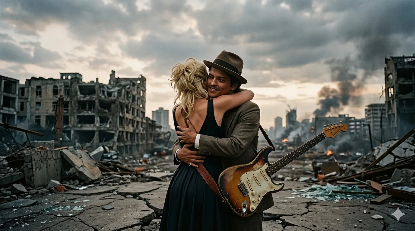 Lady Gaga y Bruno Mars abrazados en un paisaje po-sapocalíptico. Bruno tiene una guitarra colgando de su hombro