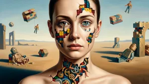Cara de mujer con la piel rasgada y mecanismos de juegos en su interior, en un desierto de muñecos Lego y juguetes