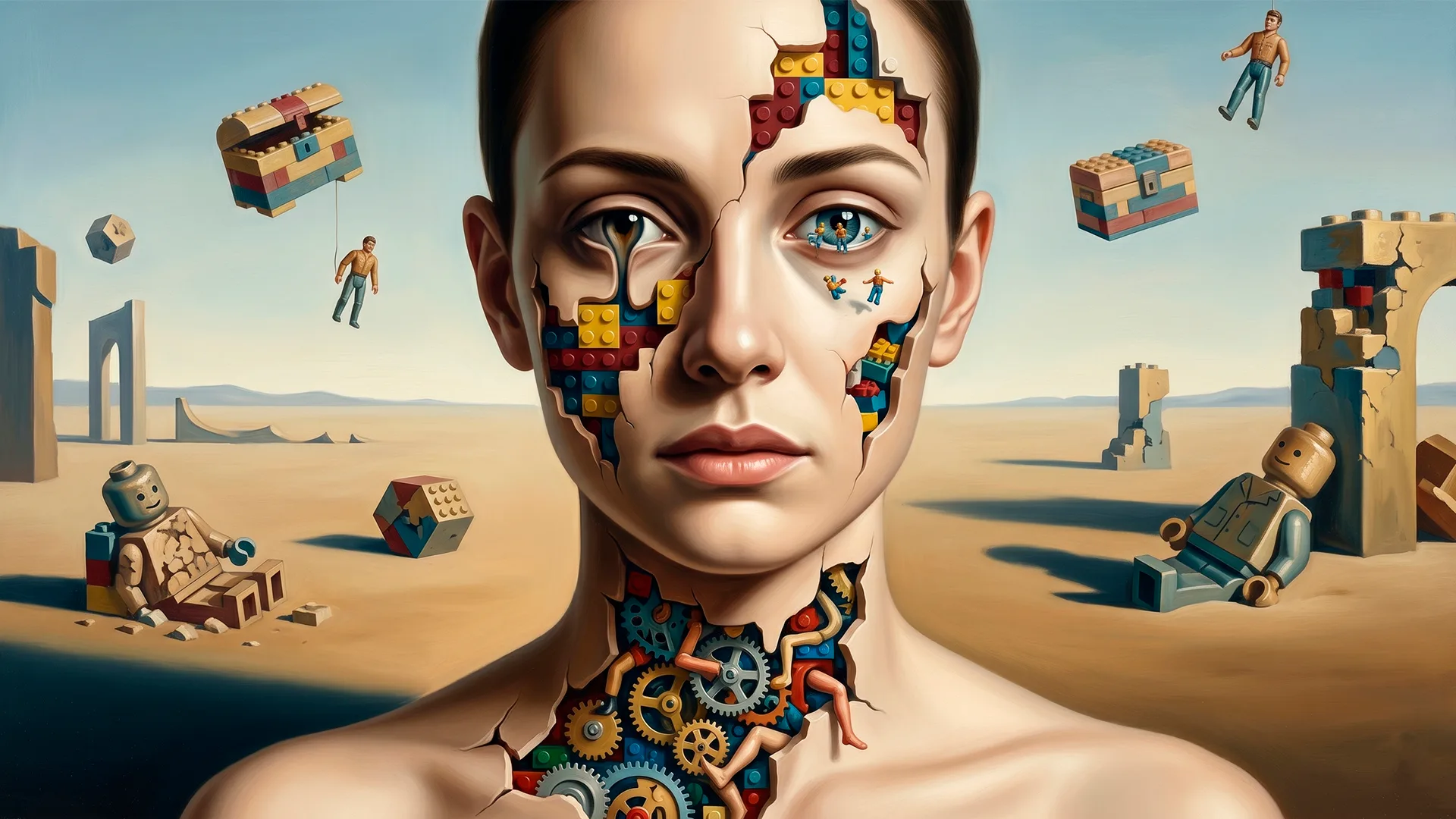 Cara de mujer con la piel rasgada y mecanismos de juegos en su interior, en un desierto de muñecos Lego y juguetes