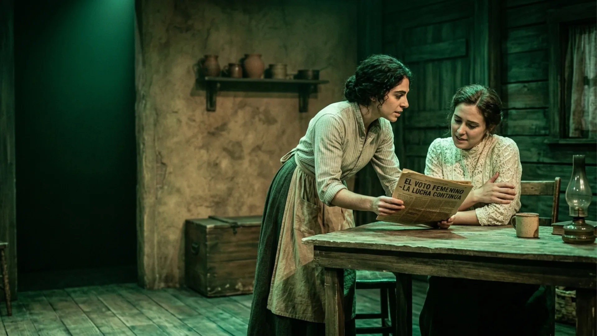Dos mujeres leyendo sobre el voto femenino en color Esmeralda